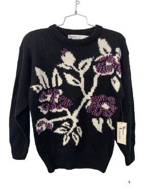 Vintage 90s Western Connection Sweater Medium Floral Black White Deadstock NEW